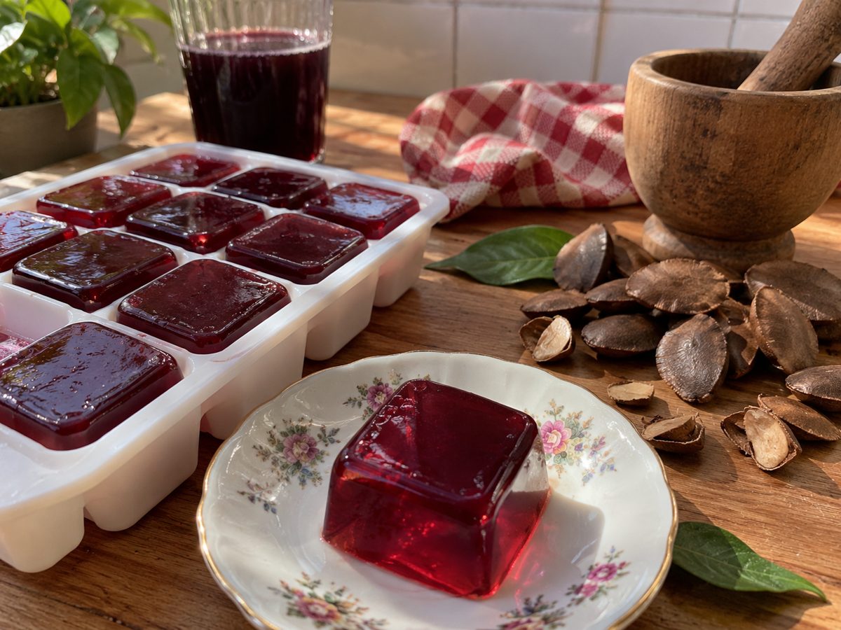 Cubinhos de gelatina de sucupira cor de vinho numa forminha de gelo, com sementes de sucupira ao lado