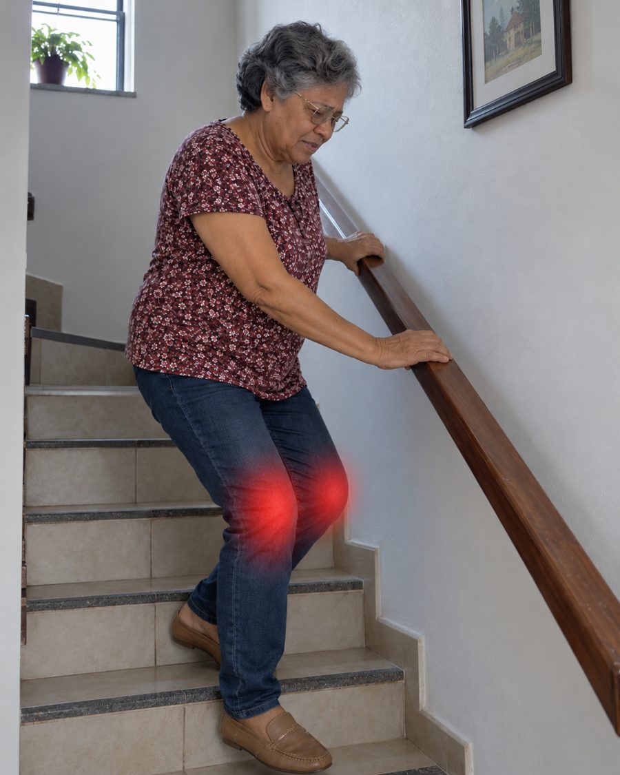 Senhora descendo a escada de lado, segurando no corrimão