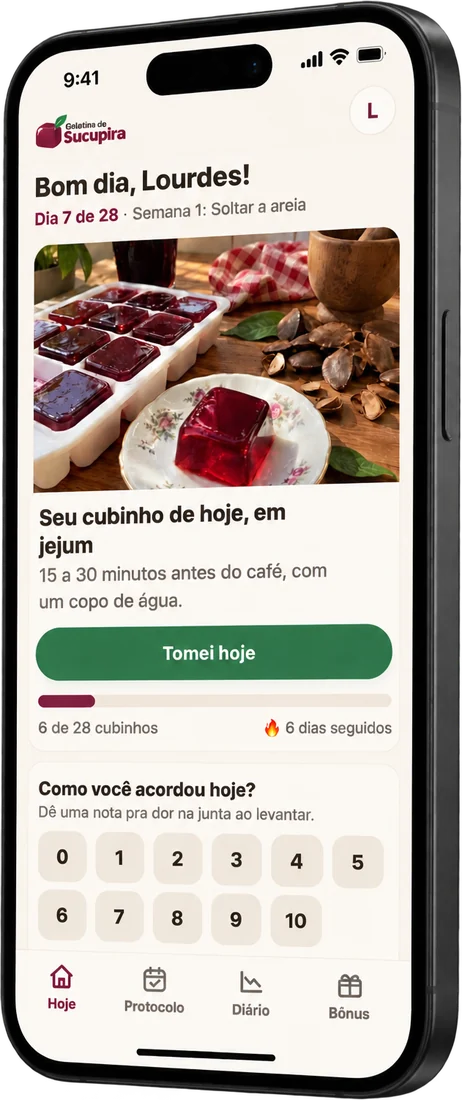 Aplicativo Gelatina de Sucupira aberto no celular, mostrando o dia do protocolo e o botão Tomei hoje