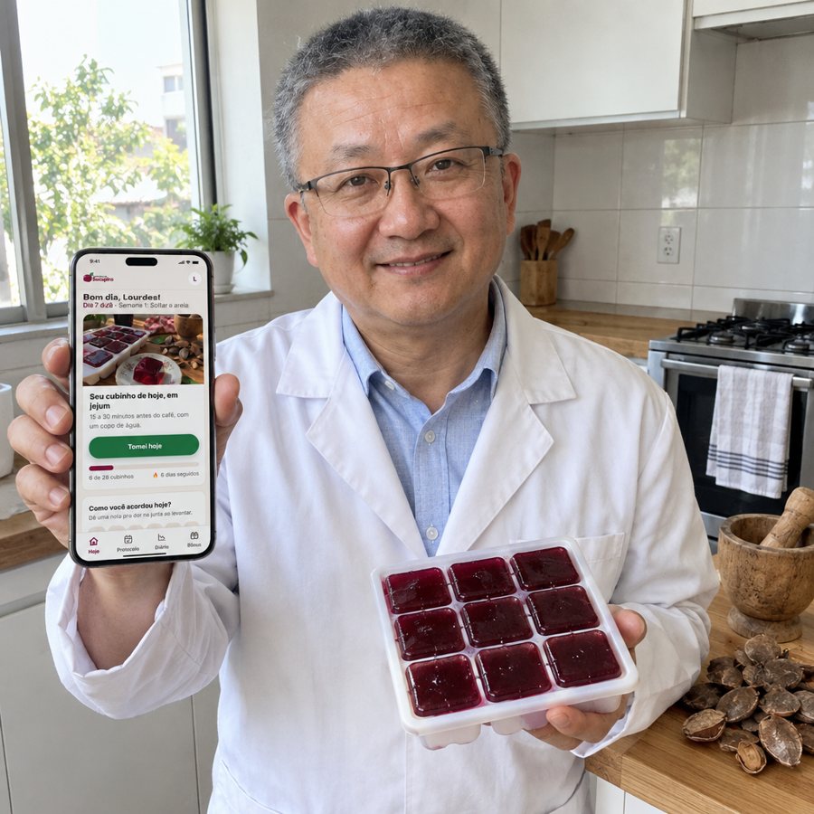 Kenji Higa na cozinha segurando a forminha com os cubinhos de gelatina de sucupira e o celular com o aplicativo