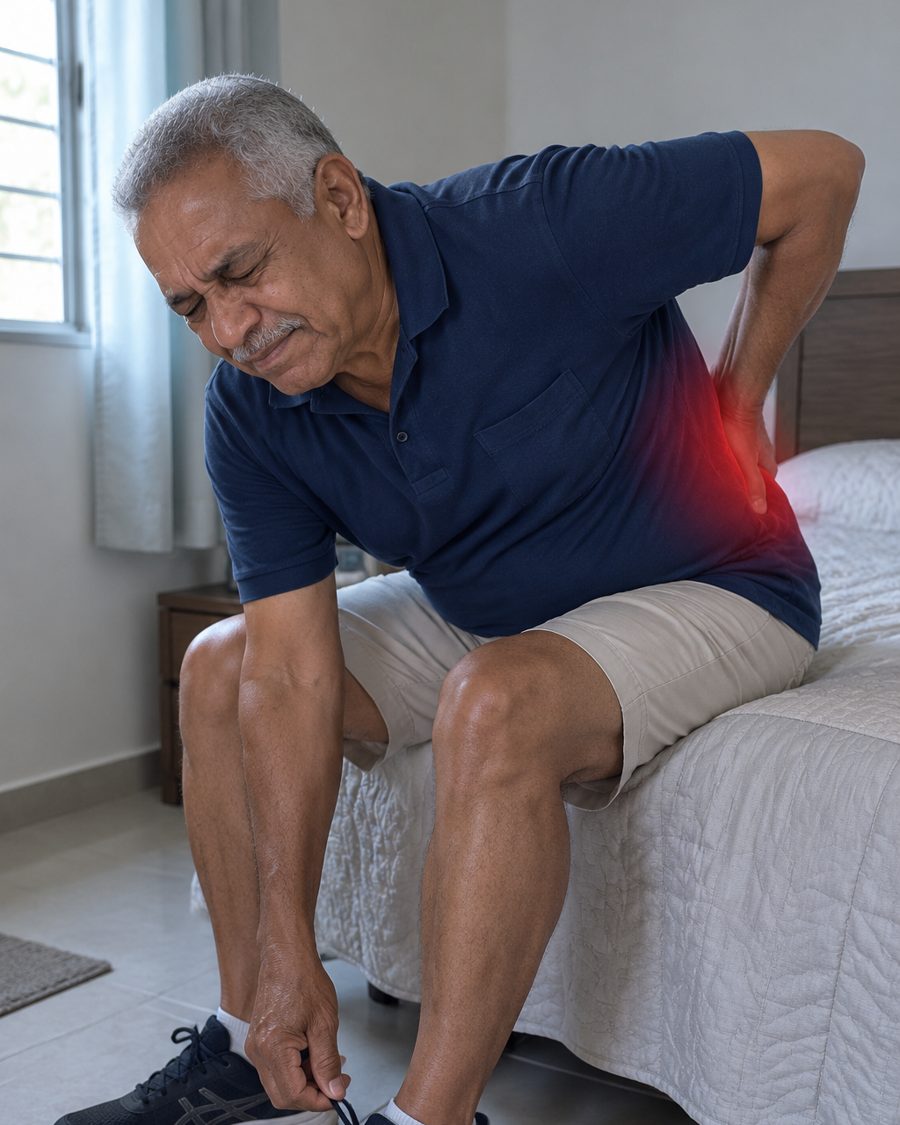 Senhor curvado com a mão nas costas tentando amarrar o sapato