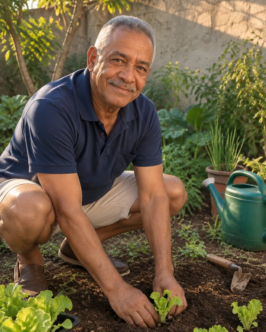 O mesmo senhor abaixado cuidando da horta, sorrindo