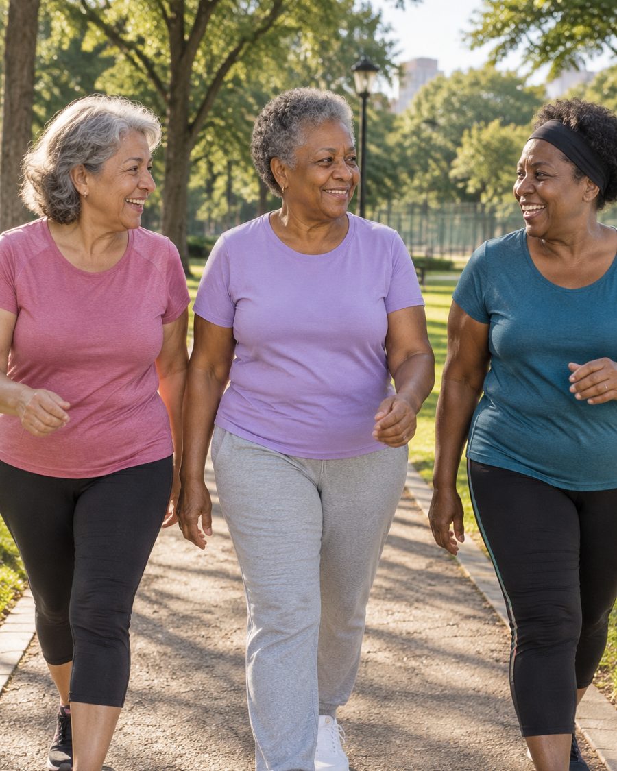 A mesma senhora caminhando no parque com as amigas